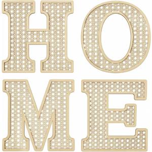 Wood Home Signs Wall Decor, Rattan Wood Home Letters Decor Signs, 4 Pcs Large 12x12 in Rusic Hanging Wall Art, Living Room Entryway Kitchen Hall Lounge Nursery, Housewarming Gift, Natural Wood Color