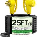 50 Amp RV/EV Extension Cord 25 FT Outdoor with Grip Handle, Flexible Heavy Duty 6/3+8/1 Gauge STW 4 Prong RV Power Cord Waterproof, NEMA 14-50P to 14-50R, Black-Yellow, ETL Listed (25 FT-50A, Yellow)