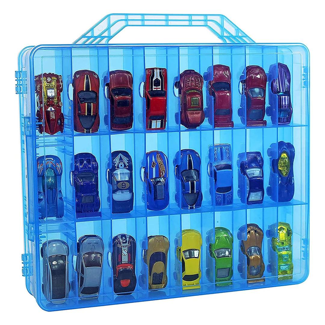 Bins & Things Toy Car Storage Organizer - 48 Compartment Double-Sided - 13.5"x11.7"x3.2" Portable and Display Case for Kids - Carry Handle - Transparent Blue Box