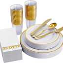 FOCUSLINE 175 Count Gold Dinnerware Set for 25 Guests - Gold Rimmed White Disposable Plastic Plates Heavy Duty, Includes 25 Dinner & Salad Plates, Cups, Cutlery Set for Wedding Parties