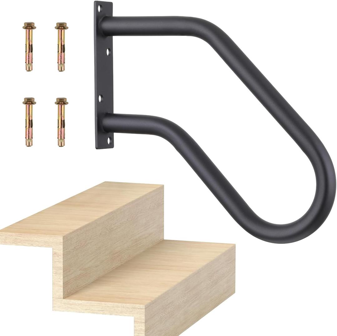 Hand Rails for Indoor Outdoor Steps, Wall Mount Non-Slip U-Shape Stair Railing, Black, 1 Pack (Black, 1 Pack 16")