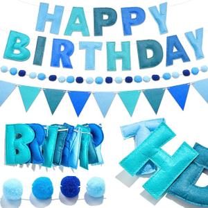 Pre-Strung Happy Birthday Banner Felt Ball Happy Birthday Garland Blue Birthdays Decorations Bunting String Triangle Flags Navy Blue Pennant Banners Photo Booth Party Supplies for Women Men