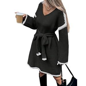 HEBELD Beltd Black Sweater Dress for Women with Long Sleeve, Oversized Color Block Fall Sweater Dresses, A Line V Neck Knee Length Knit Dress, Large