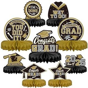 9PCS Graduation Party Decorations Class of 2025 Congrats Grad Table Centerpiece Congratulate Graduation Honeycomb Table Toppers for Graduation Party Supplies(Black）,Set of 5