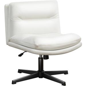 Darkecho Office Chair Armless Desk Chair No Wheels,Thick Padded Leather Home Office Chairs, Adjustable Swivel Rocking Vanity Chair, Wide Task Computer Chair for Office,Home,Make Up,Bedroom White