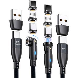 360 PRO 100W Magnetic USB C Phone Charger (Pack of 2) - 6 in 1 Magnet Charging Cable Fast Charging & Data - Works with i-Products, Type-C and Micro USB (Onyx Black)