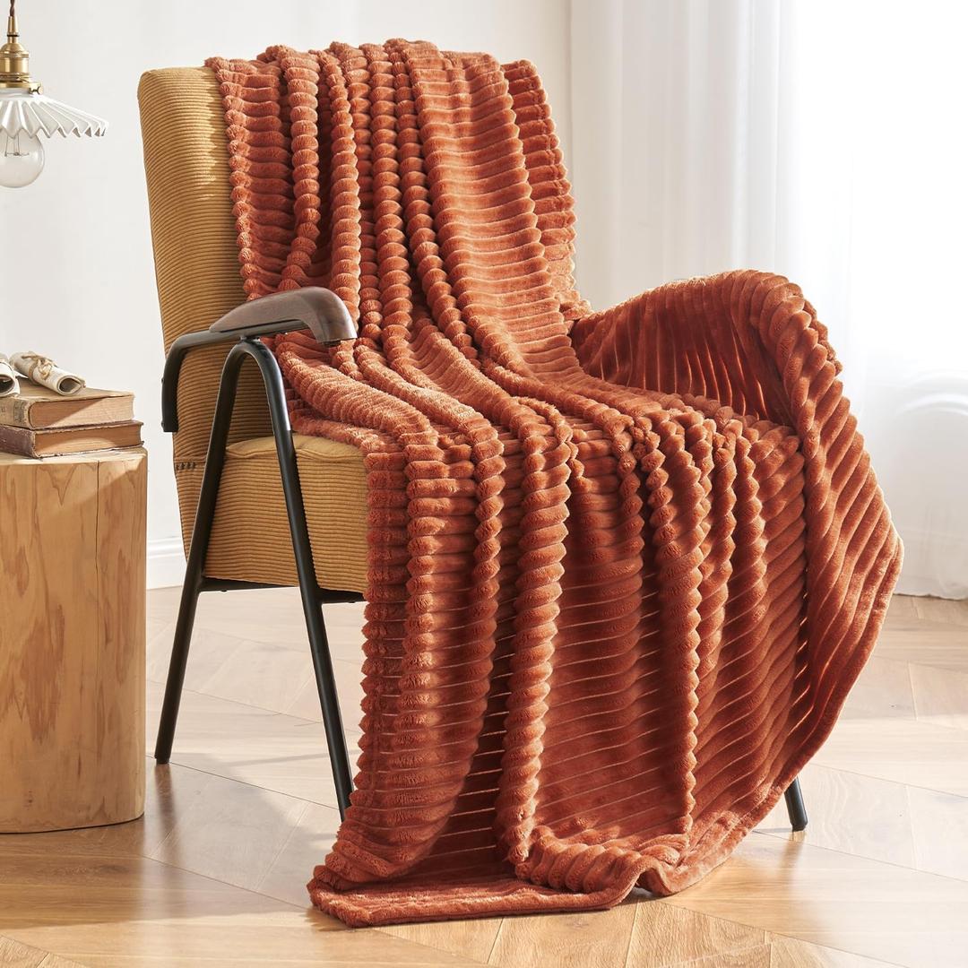MIULEE Rust Throw Blanket 3D Ribbed Jacquard Fleece Flannel Velvet Plush Decorative Bed Blanket (Throw, 50" x 70") - Super Soft, Lightweight, Warm and Cozy for Couch Sofa