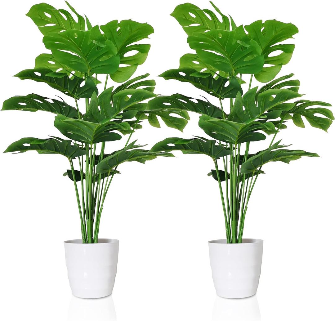 SAJANDAS Set of 2 Artificial Monstera Deliciosa Plants in Pots, Fake Tropical Palm Tree with Greenery Leaves Stems, 28 Inch Artificial Cheese Plant for Home Bathroom, Office, Windowsill Decor