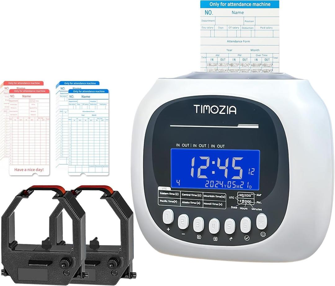 Time Clock for Employees Small Business, 6 U.S. Time Zones, Automatic Daylight Saving & Auto Time Update, Punch Card Time Recorder with 6 Punches Per Day-100 Time Cards and 2 Ribbons