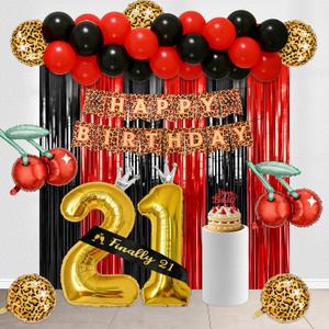 Sweet & Spicy Leopard Print Birthday Balloon Set 21st Party Decor for Girls, Cherry Leopard Balloons, Banner, Sash & Cake Decorations, Sexy Stylish Setup for Girls and Women(YELLOW)