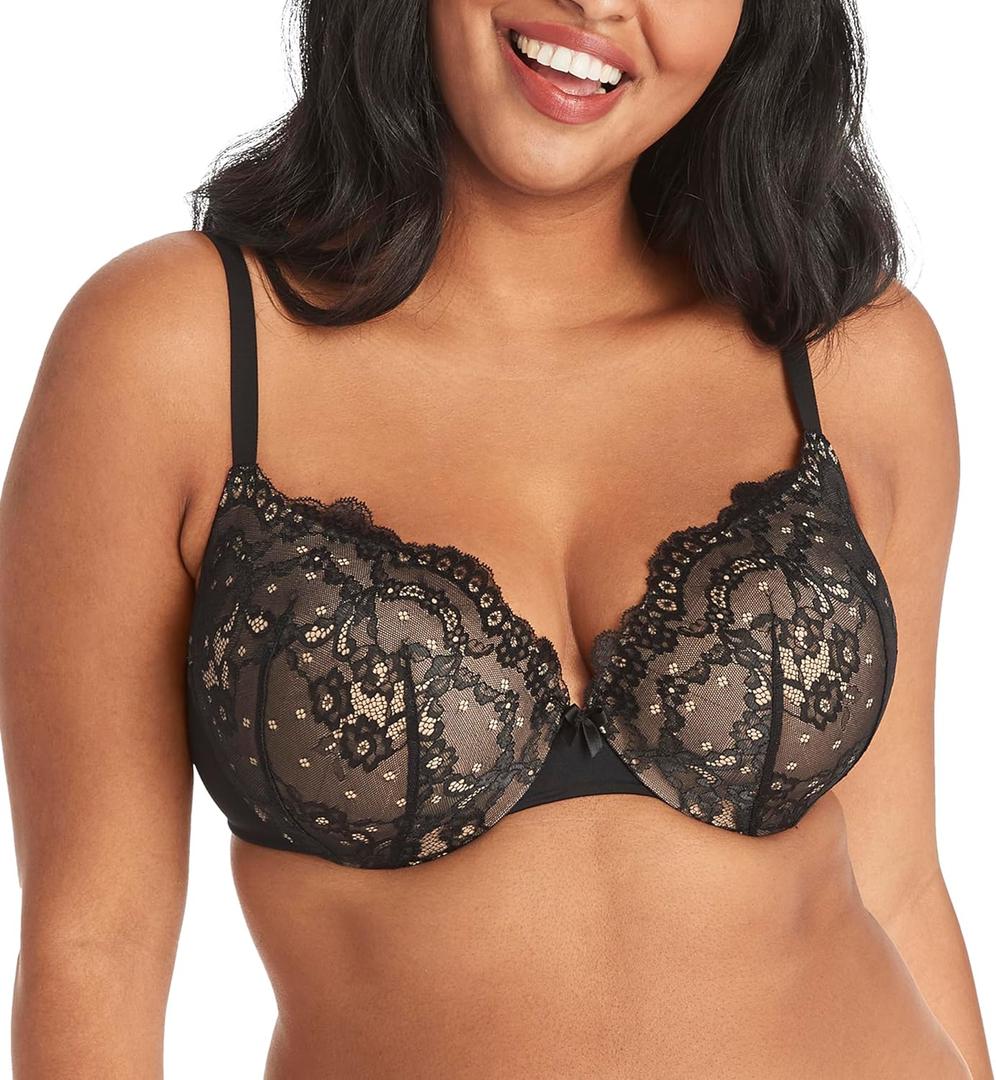 Maidenform Underwire, Love The Lift Smoothing Lace Demi, Push-up Bra for Women (40B, Black/Body Beige Lace)