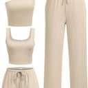 Ekouaer Womens 4 Piece Lounge Sets Ribbed Knit Crop Tank Top and Shorts Pants Casual Outfits (Small, Light Coffee)