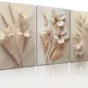 3 Pcs Floral Canvas Wall Art, Minimalist Cream Plant Pictures Wall Decor, Beige Botanical Canvas Prints, Spring Modern Farmhouse Paintings, Organic Artwork for Living Room Bedroom Bathroom 12x16 Inch