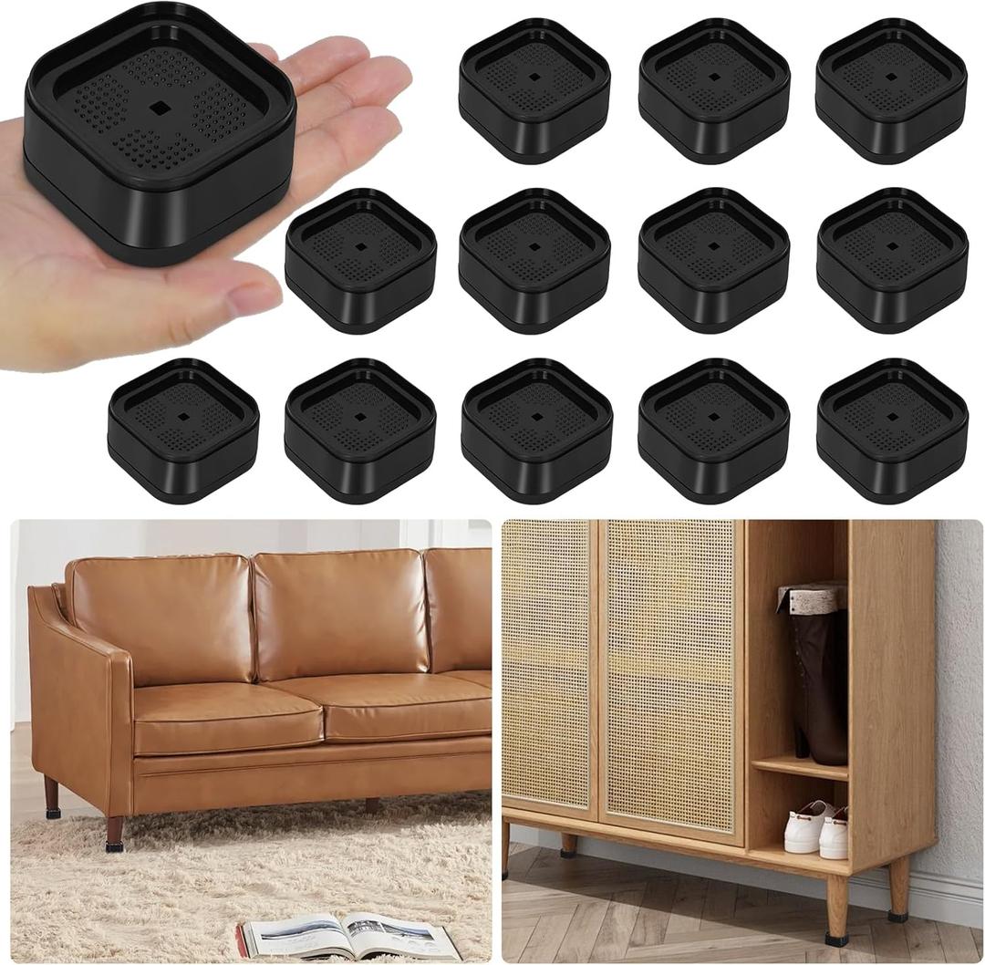 12 Pack Furniture Risers Adjustable Bed Risers 1 Inch Heavy Duty for Couch Desk Leg Chair Sofa Cabinet Bed Leg Risers,Square Stackable Bed Risers Lift Height 1, 2 or 3 Inch, Black