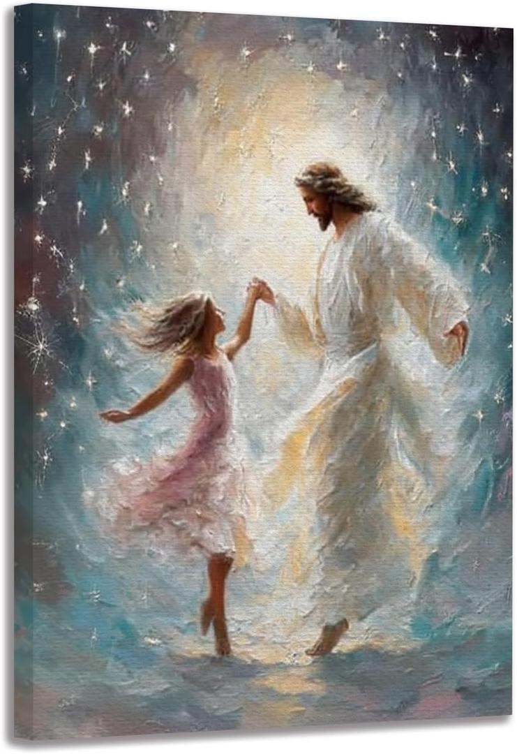 bitCNY Jesus Dancing with Girl Canvas Print - Christian Inspirational Art for Girls Bedroom or Living Room - 11x14 Inches