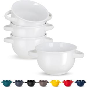 KooK Soup Bowls, French Onion Crocks, Oven Safe Dishware, Mugs, Ceramic Set, Dishwasher, Microwave, Set of 4, 18 oz (White)