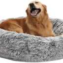 Bedfolks Calming Donut Dog Bed, 36 Inches Round Fluffy for Large Dogs, Anti-Anxiety Plush, Machine Washable (Dark Grey, Large)