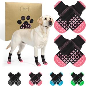 SCENEREAL Anti Slip Dog Socks to Prevent Licking Paws, Dog Booties & Paw Protectors for Hot Pavement Hardwood Floors, Traction Control for Small Medium Large Senior Dogs, Pink XL (XL(Paw Width 3.5"))