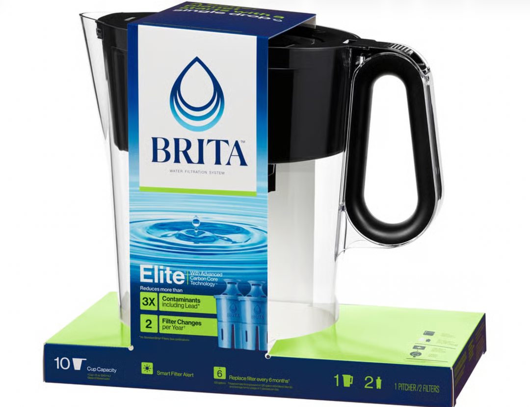 Brita Water Filter Space Saver Pitcher for Tap and Drinking Water with 1 Elite Filter, Black