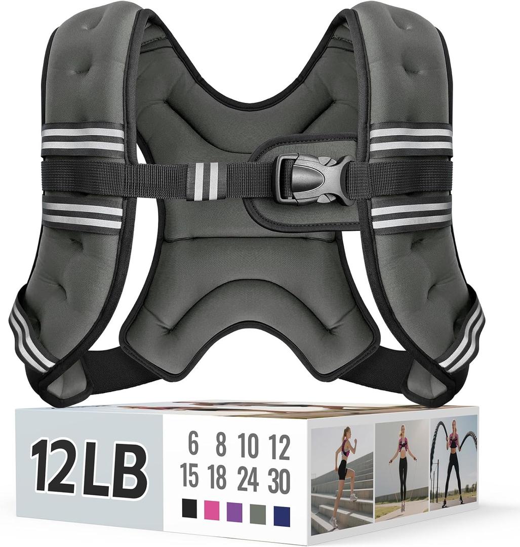 Weighted Vest for Women & Men with Reflective Stripe and Adjustable Buckle, Comfortable & Durable Rucking Vest for Walking, Running & Strength Training (12 lb, Gray)