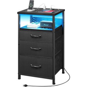 Nightstand with Charging Station, LED Night Stand with Drawers (Fabric), Bedside Table with Open Shelf, End Table with Steel Frame, 3 Drawer Dresser for Bedroom, Small Space, Black Nightstand