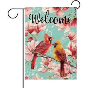3 x Welcome Spring Summer Cardinal Floral Decorative Garden Flag, Red Birds Pink Magnolia Flower Small Yard Outside Decorations, Farmhouse Burlap Outdoor Home Decor Double Sided 12 x 18, (Mix, 3 Packs)