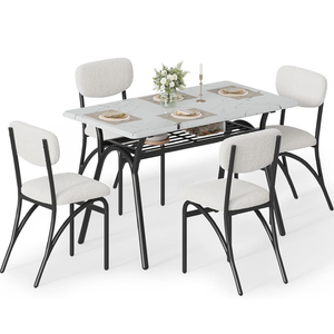 GarveeHome 5-Piece Dining Table Set for 4, Modern Kitchen Table with 4 Boucle Chairs, Rectangular Dining Table with Storage Shelf & Marble Tabletop, Home Dining Furniture for Small Space
