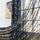 Deeprove Sheer Curtains 96 Inches Long 2 Panels, Gold Foil Metallic Vine Leaves Print Window Treatments Pair for Bedroom, Golden Bronzing Privacy Drapes, Rod Pocket, 52" W x 96" L, Navy Blue