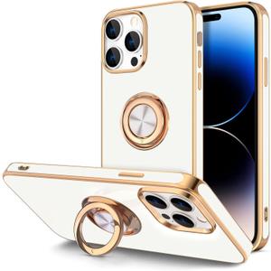 Hython for iPhone 14 Pro Max Case with Ring Stand [360 Rotatable Ring Holder Magnetic Kickstand] [Support Car Mount] Plated Gold Edge Slim Soft TPU Luxury Protective Phone Case Cover, White
