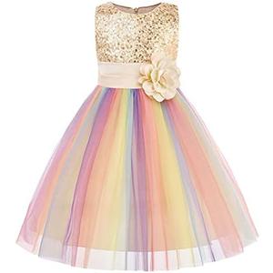 Uhnice Little Girl's Sequin Sleeveless Mesh Rainbow Dress for Wedding Party size 130