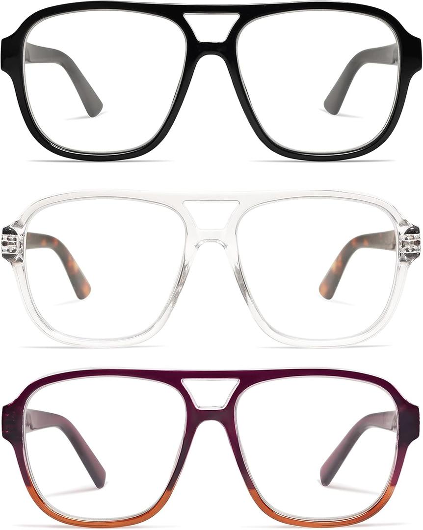 AMOMOMA 3 Pack Oversized Aviator Spring Hinge Reading Glasses for Women Men,Retro Blue Light Computer Reader Frame AM6081 (C1.black+c2.crystal+c4.purple Grading)