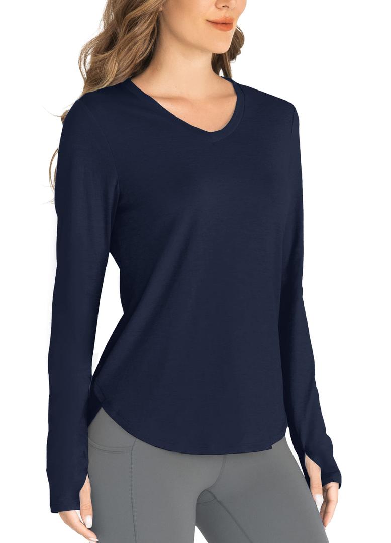 Hiverlay Long Sleeve Workout Shirts for Women V Neck UPF 50+ Athletic Shirts with Thumbhole Running Loose Active T-Shirts Navy Blue XXL (Blue, XXL)