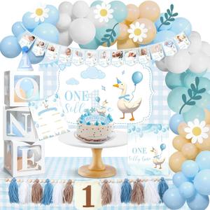 134 Pcs One Silly Goose 1st Birthday Party Decorations Blue Silly Goose Baby Shower Gender Reveal Decor Backdrop 120 Balloon 3 Box Highchair Banner Monthly Photo Banner for Party Supplies