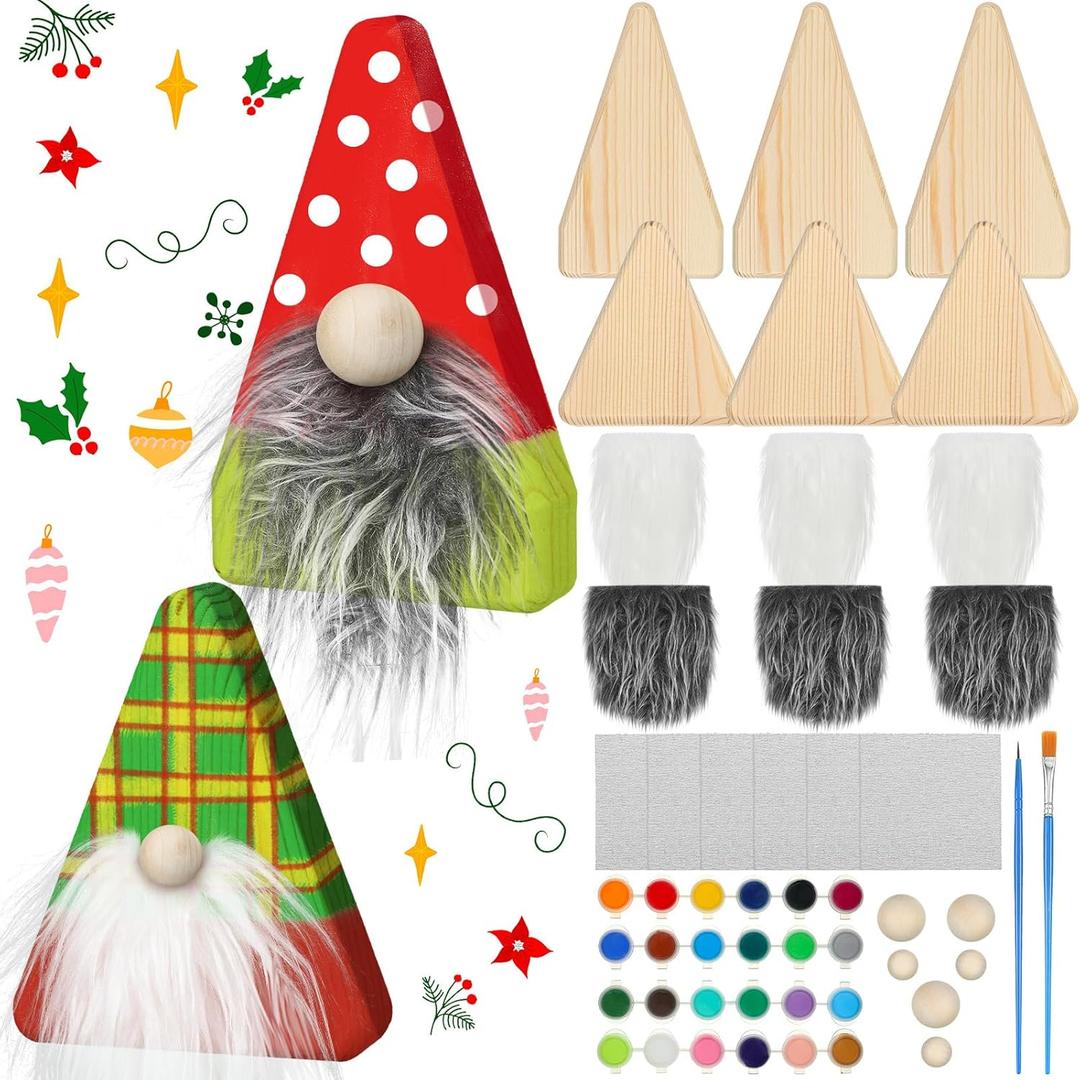 GlikCeil 6 Set Christmas Wooden Gnome Decoration Blank Wood Ready to Paint Your Own Gnome Decor Christmas DIY Craft for Fireplace Table Decor Xmas Party Supplies with Brush Palette