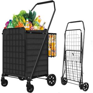 Folding Shopping Cart with Waterproof Liner & 360 Swivel Wheels | Collapsible Grocery Cart for Easy Transport, Ideal for Laundry, Shopping, and Travel  132 LBS Capacity