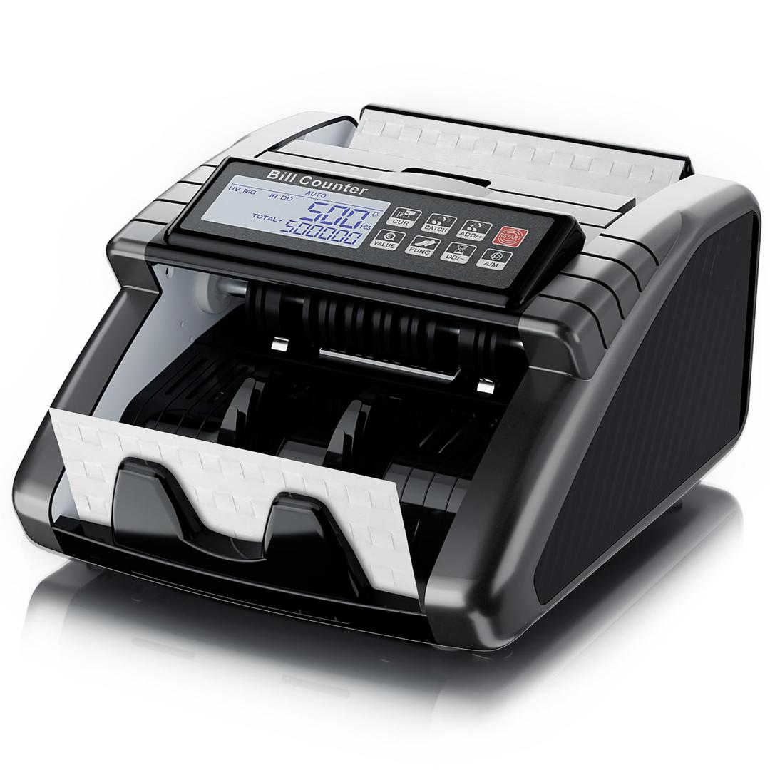 Money Counter Machine with Value Count, Dollar, Euro UV/MG/IR/DD Counterfeit Detection Bill Counter, Add and Batch Modes, Cash Counter with LCD Display, 1000 Bills/Min, Grey