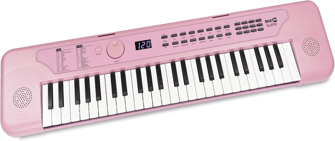 RockJam 49 Key USB Keyboard Piano with Lessons & Keynote Stickers (Baby Pink)
