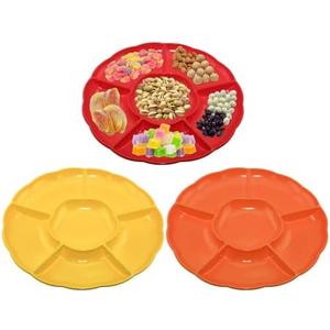 CAOXIAOXUYAO 12-Inch Round Plastic Serving Trays with 3 Pack,6 Sectional Snacks Serving Dish Food Platters for Nut Candy Veggie Fruit Thanksgiving (3, Yellow,Red,Orange) 2 Pack