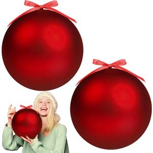 Weysat 2 Pcs 8 Inch Extra Large Fillable Christmas Ball Ornaments Giant Matte Red Plastic Christmas Tree Ornaments Balls with Hanging Ribbons for Outside Lawn Yard Tree Decorations