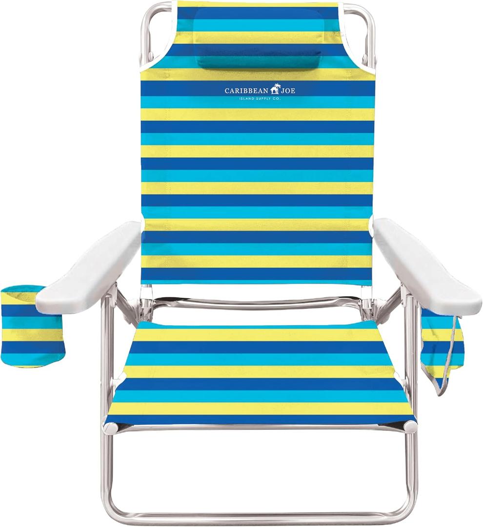 Caribbean Joe Folding Beach Chair, 5 Position Lightweight, Portable Reclining Outdoor Camping Chair with Headrest, Shoulder Strap, and Cup Holder, Bold Stripe, 24.5 inches x 19 inches x 32 inches