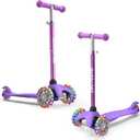 3-Wheel Kick Scooter for Kids Ages 3-8 Lean-to-Steer Toddler Scooter with Extra Wide Light Up Wheels, 4 Adjustable Heights, Foldable Scooters for Boys & Girls, Max Weight 110lbs (Purple)