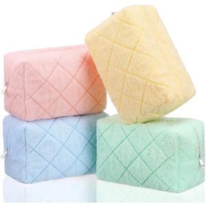 LEIFIDE 4 Pcs Quilted Makeup Bag Pouch Cute Plush Fuzzy Checkered Cosmetic Bag Cotton Terry Cloth Toiletry Pouch with Zipper Portable Travel Organizer Preppy Brush Storage for Christmas Women Gift