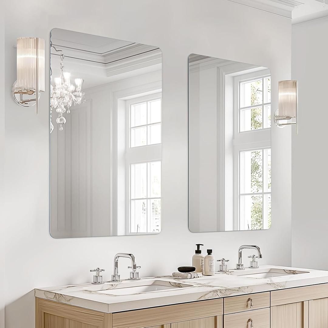 USHOWER 1-Pack Frameless Bathroom Mirrors for Over Sink, 24x36 Inch Rectangular Bathroom Mirrors with Rounded Corner, Shatterproof Mirror for Vanity, Bedroom, Entryway Upgraded & Remodel