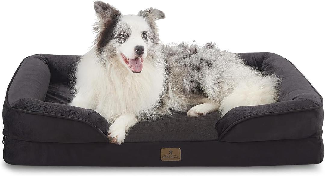 Bedfolks Orthopedic Dog Bed, Big Waterproof Dog Sofa Bed for Large Dogs, Egg Foam Pet Couch Bed with Removable Washable Cover and Nonslip Bottom, Black, Size: 38.0"L x 28.0"W x 6.5"Th
