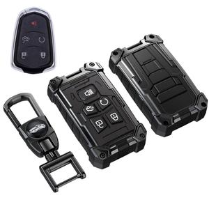 Heavy Key Fob Cover for Cadillac, Keychain, Metal Silicone Key Fob Case Compatible with Cadillac ATS ATS-v CTS CT6 XTS XT5 XT4 XT6 SRX 2014 2015 2016 2017 2018 2019 2020 2021 (Black, R Buckle)