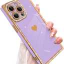 for iPhone 15 Pro Case Cute Love Heart Plating for Women, with Screen Protector, Glitter Sparkle Rhinestone Diamond Border Design Slim Rectangle Wireless Protection Case Cover, Purple