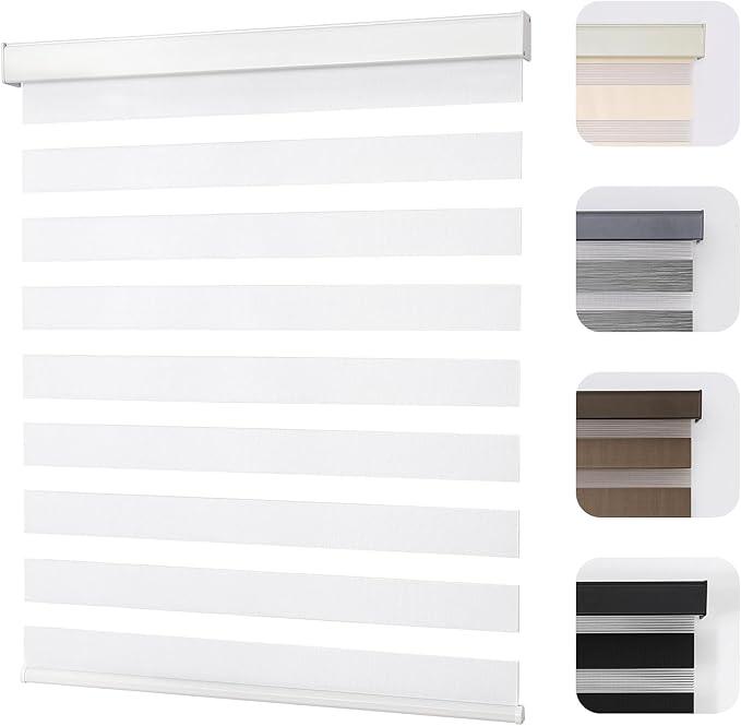 Joydeco Cordless Zebra Blinds for Windows, Dual Layer Light Control Window Blinds with Light-Proof Aluminum Cover, Free-Stop Roller Shades for Home & Office (White,43" W x 75" H)