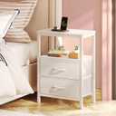 Huuger Nightstand with Charging Station, Side Table with 2 Fabric Drawers, End Table with Open Shelf, Bedside Table with USB-C Port and Outlets, Night Stand, PU Leather, White, 11.8"D x 15.7"W x 23.6"H