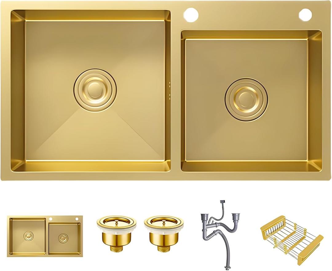 Gold Double Bowl Kitchen Sink, 31.5" 17.7" Stainless Steel Nano-Coated, Double Basin Sink, Drop-In Undermount, With Gold Sink Stopper Drain Strainer
