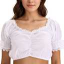 FEOYA Women's Ruffle Puff Sleeve Crop Tops Lace Crew Neck Ruched Shirts Floral Slim Fit Casual Blouse Frill Trim Top (XS)